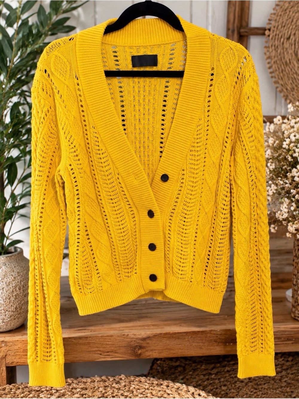 R+A Yellow Cable Knit Openwork 100% Cotton Button Cardigan Sweater Sz M